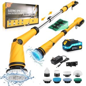 qimedo【Upgrade】1500 RPM Rechargeable Electric Spin Scrubber 8 In 1 Cleaning Brush Tub and Floor Tile 360 Power Scrubber Mop，With Extension Arm ，LED display，for Bathtub Tile Floor