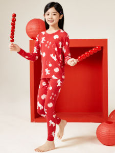 ชุดกางเกงชั้นในเด็กผ้าฝ้ายผสมสีแดง ปีม้า 2026 ชุดกางเกงชั้นในเด็กฤดูใบไม้ร่วงและฤดูหนาวสำหรับเด็กผู้หญิง เสื้อผ้าเด็ก เสื้อผ้าชั้นในเด็ก