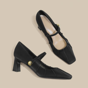 รองเท้าส้นสูงหัวเหลี่ยมสไตล์ฝรั่งเศส สายรัดข้างเดียว ทรง Mary Janes สำหรับผู้หญิง รองเท้าหนัง PU ทรงหัวเหลี่ยม ส้นสูงปานกลาง