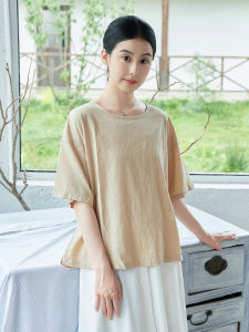 High-End Linen Womens Loose Short Sleeve T-Shirt Cotton Linen Casual Style Artistic Pattern round Neck Regular Length