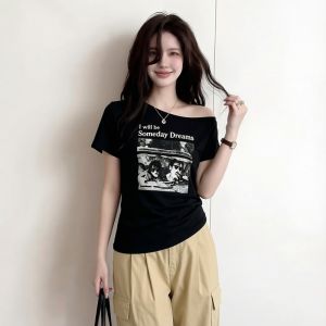 AIYITI | Printed Off-shoulder Short Sleeve Large Size Slimming T-Shirt