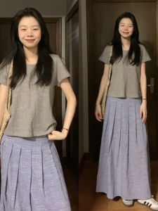 BINKAFENNY | Summer Grey Plaid Half-length Skirt And Shoulder T-shirt Two-piece Set Korean Style Womens Clothing Refreshing Feeling