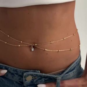 KunJoe Fashion Double Layer Glass Drill Waist Chain Women Simple Gold Color Metal Cross Bead Body Chain Bikini Jewelry Acessory