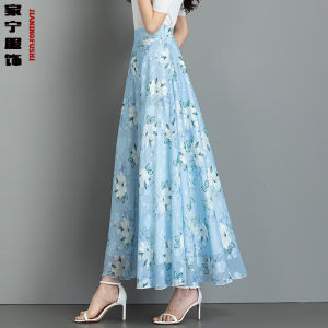 Elegant Summer Long Skirt Black Floral Print Chiffon Half-length Womens Beachwear Maxi Gown A-line Silhouette High Waist