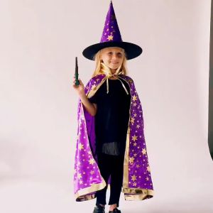 Kids ปลีก/เสื้อคลุมแม่มด และหมวก คอสเพลย์ สำหรับเด็ก 2 ชิ้น ต่อชุด ชุดฮัลโลวีน ปิดบัง(ไม่รวมถุงฟักทอง)