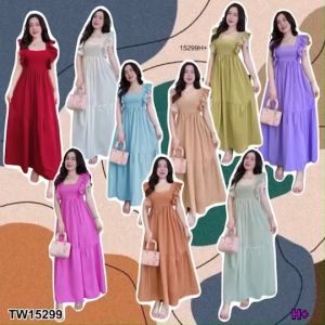 S15229 แม็กซี่เดรสไหล่ระบายผูกโบว์หลัง
