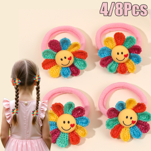4Pcs Knitted Sunflower Hair Ties Cute Smiley Elastic Scrunchies Stretchy Ponytail Holders For Girls Kids Headdress Accessories