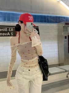 White Butterfly Knot See through Long Sleeve Sun Protection T Shirt Women Summer Vacation Two Piece Hanging Neck Shoulder Shirt Thin Print Top