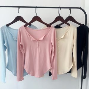 Long Sleeve V-Neck Buttoned Modal Slim Fit Yoga T-Shirt: A Perfect Autumn Winter Casual Top