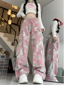 High Waist Cargo Pants for Women in Pink American Style Casual Camouflage Long Pants for Street Fashion and Hip Hop Dance