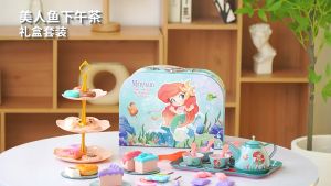 Floral Mermaid Unicorn Frozen Tea Party Set for Little Girls Pretend Tin Teapot Set Princess Tea Time Play Kitchen Toy with Dessert Doughnut Carrying Case for Birthday Easter Gifts Kids Toddlers