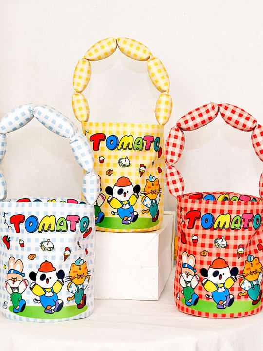 Cute Cartoon Bucket Bag Student Commuter Lunch Box Bag Handheld Canvas Tote Bag Soft Handle Medium Softness Washable