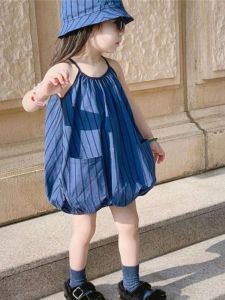 Girl Dress Blue Bud Skirt Summer New Arrival Western Style Sleeveless Stripes Vest Baby Loose Halter Skirt