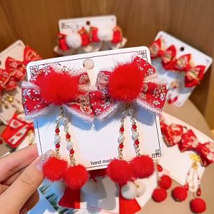 2pcs Chinese style hair accessories red bow hair clips wig tassel headdress New Year holidays princess style
