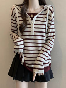 เสื้อสเวตเตอร์ถักลายทางสีแดง ทรงหลวม แขนยาว ปกติ ฤดูใบไม้ร่วง 2024 สำหรับผู้หญิง คอกลม ทรงหลวม คอกลม แขนยาว ปกติ