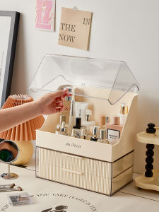 กล่องเก็บเครื่องสำอางอะคริลิกขนาดใหญ่พร้อมฝาปิดป้องกันฝุ่น กล่องเก็บของสำหรับโต๊ะทำงานแบบเรียบง่าย สไตล์ครีม กล่องเก็บของสำหรับใช้ในบ้าน
