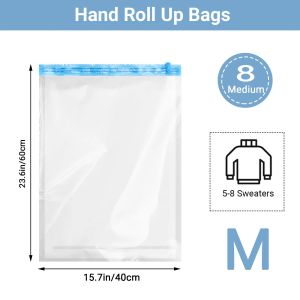 8 Pack Roll Up Compression Bags Reusable Vacuum Storage Bags for Travel Organizer Saving Space in Suitcase  No Pump Required