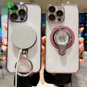 FLOVEME Plating With Metal Rotating Ring Bracket Clear Phone Case For iPhone 15 14 13 12 Pro Max 15 Plus With Lens Film Protector Magsafe Wireless Charging Hard PC Shockproof Back Cover For iphone 15 14 13 12 11