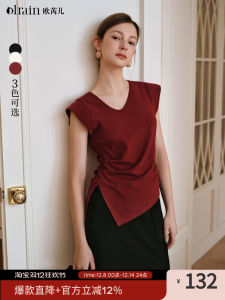 OLrain Red V-neck Slim Fit Womens T-shirt Summer New Style Asymmetric Design Cotton Blend Short Sleeve Head over Heels