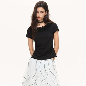 S·DEER | Áo Thun Cổ Tròn Giảm Cân Elegance Kết Hợp MESH