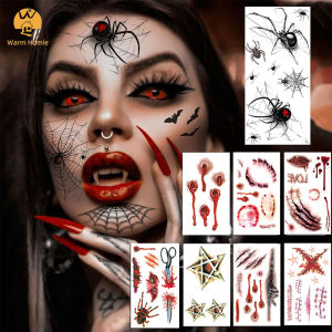 3D Scary Spider Web Waterproof  Temporary Tattoos Realistic Witch Bat Zombie Fake Face Tattoos Sticker  Halloween Makeup Decals Kit for Women Adults