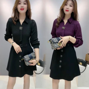 Patchwork Fake Two-Piece Dress Womens Spring Autumn and Winter New Long Sleeves Ribbon V Neck Slim Fit Slim Looking Plus Size Bottoming Skirt
