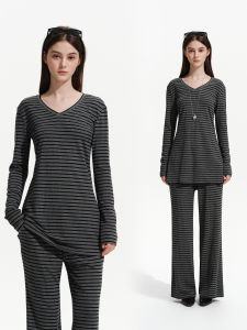 PSO Brand | V-neck Color-blocked Striped Knit Extended T-shirt