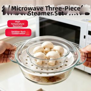 PH | Set Of 3 Heat-resistant Microwavable Steamer Set Covered Bowl