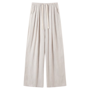miiow | High Waist Draped Ice Silk Wide Leg Pants Women Summer Thin New Style Cat Person Linen Stripe Pants Loose Fit Straight Leg Trousers
