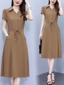 Elegant plus Size Fashionable Short Sleeve Dress Mid-aged Women Summer New Waist-cinching Slimming Skirt Korean Style Polo Dress