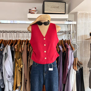 Red V-Neck Sleeveless Knitted Short Cardigan Womens Slimming Style Summer Fashion Trendy Top Casual Versatile Color Solid