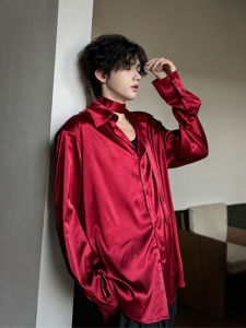 Red Satin Shirt with Shoulder Pads Inner Wear Sash New Chinese Style Mens Loose Fit Polyester Fiber Long Sleeve All Seasons
