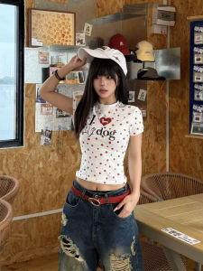 American Style Short Sleeve T-Shirt Womens Summer 2025 New Design Slimming Love Heart Dog Paw Print Cotton Blend Top
