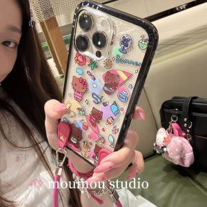 Kitty Black Leather Rhinestone iPhone 16 pro Max Cartoon Full Cover Case with Lanyard Korean Style Simple High-End Feel
