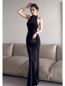 SHANGSHA | Elegant Audrey Style Evening Dress Black Halter Neck and Backless