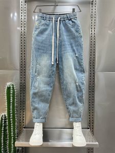 Washed Wear-White Fashion Brand Jeans Pants Mens Light Blue Retro Casual Cropped Pants Ripped Elastic Drawstring Pants