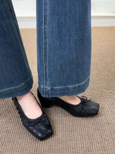 FANGXI | Sheepskin French Ballet Square Toe Bow Thick Heel Loafer Shoes