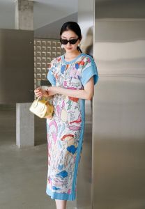 Miyake High-end Pleated Graffiti Printing Slim Fit Fashion Slimming Dress #1005