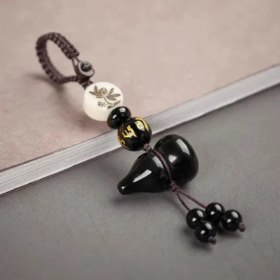 Natural Black Obsidian Gourd Pendant Car Keychain Womens Jewelry Small Hanging Ornament Bag Accessory Peace Lotus
