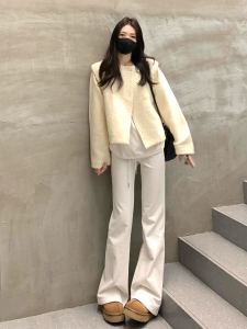 กางเกงขายาวทรงหลวมเอวต่ำสำหรับผู้หญิง กางเกงขายาวทรงขาบานสีขาว กางเกงยูนิฟอร์มออกกำลังกายสำหรับฤดูใบไม้ร่วงและฤดูหนาว ผ้าฝ้ายผสม