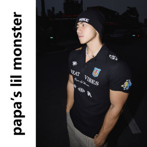 Papas lil monster | Áo Polo Knit Slim Fit Phong Cách Đường Phố Có Huy Hiệu