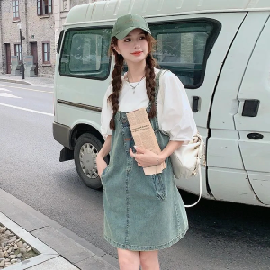 Vintage Cool Denim Overalls Womens Summer New Style Age Reduction Dress Milk Series Complete Set Korean Style Button Pocket Skirt Cotton Dress