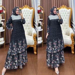 GAMIS Dress Ceruty Babydoll Plisket Premium Set Hijab Umpak Dua Layer Renda