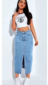 Y2K 90s Retro Maxi Denim Skirt Vintage Wash Maong Jeans Korean Style Skirt With Slit Palda Beepop