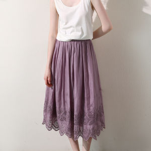 Miccbeirn | Pure Flax Heavy Embroidery Lace Fairy Half Skirt Midi A-Line Skirt Slimming Versatile Umbrella Skirt Vintage Style Commute