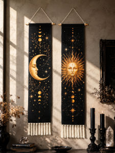 Boho Sun Moon Face Tapestry with Tassel Black & Gold Moon Phase Star Celestial Wall Hanging Witchy Tarot Wall Art Decor for Home