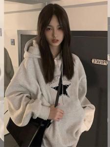 Oversize Fleece Lined Thickened Hoodie Womens Floral Grey Sweatshirt Spring Autumn New Style Korean Version Long Sleeve