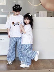 Korean Style Summer Outfit for Boys And Girls Short Sleeve T-Shirt And Long Pants Set Nursery Brother Sister Matching Clothes