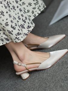 French Vintage Pointed Toe Sandals Womens Fashion Spring Summer Versatile Fairy Style Casual Medium Heel Single Shoes