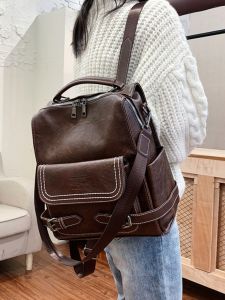 Retro Simple Large Capacity Ladies Backpack Fashionable Korean Style Student Bookbag Dual Shoulder Bag Soft Surface PU Leather